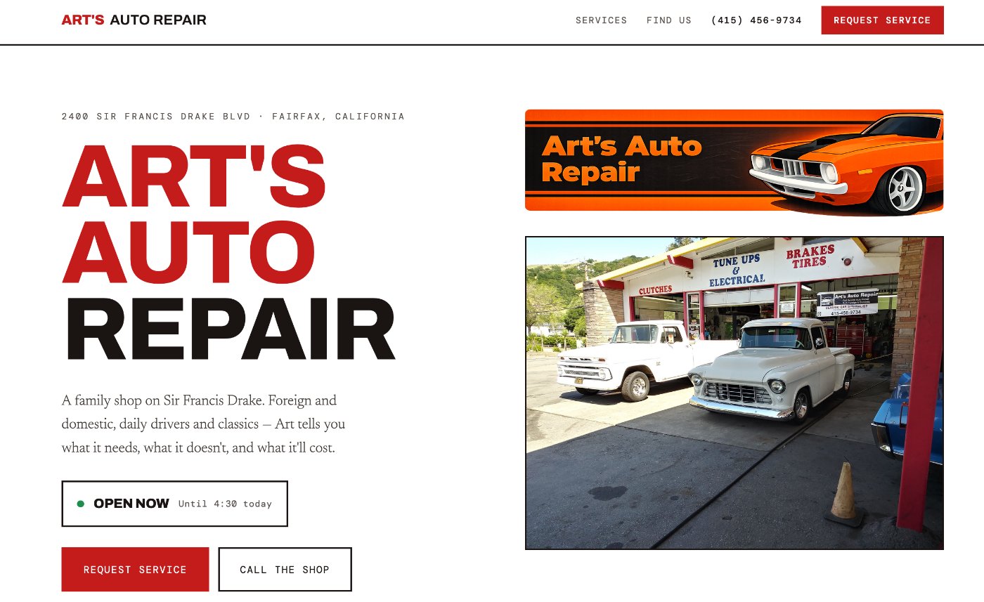 The one-page site built for Art's Auto Repair: the shop name in large type, the address, a family-shop description, an Open Now badge, Request Service and Call The Shop buttons, the shop's logo and a photo of the garage with two classic pickups out front