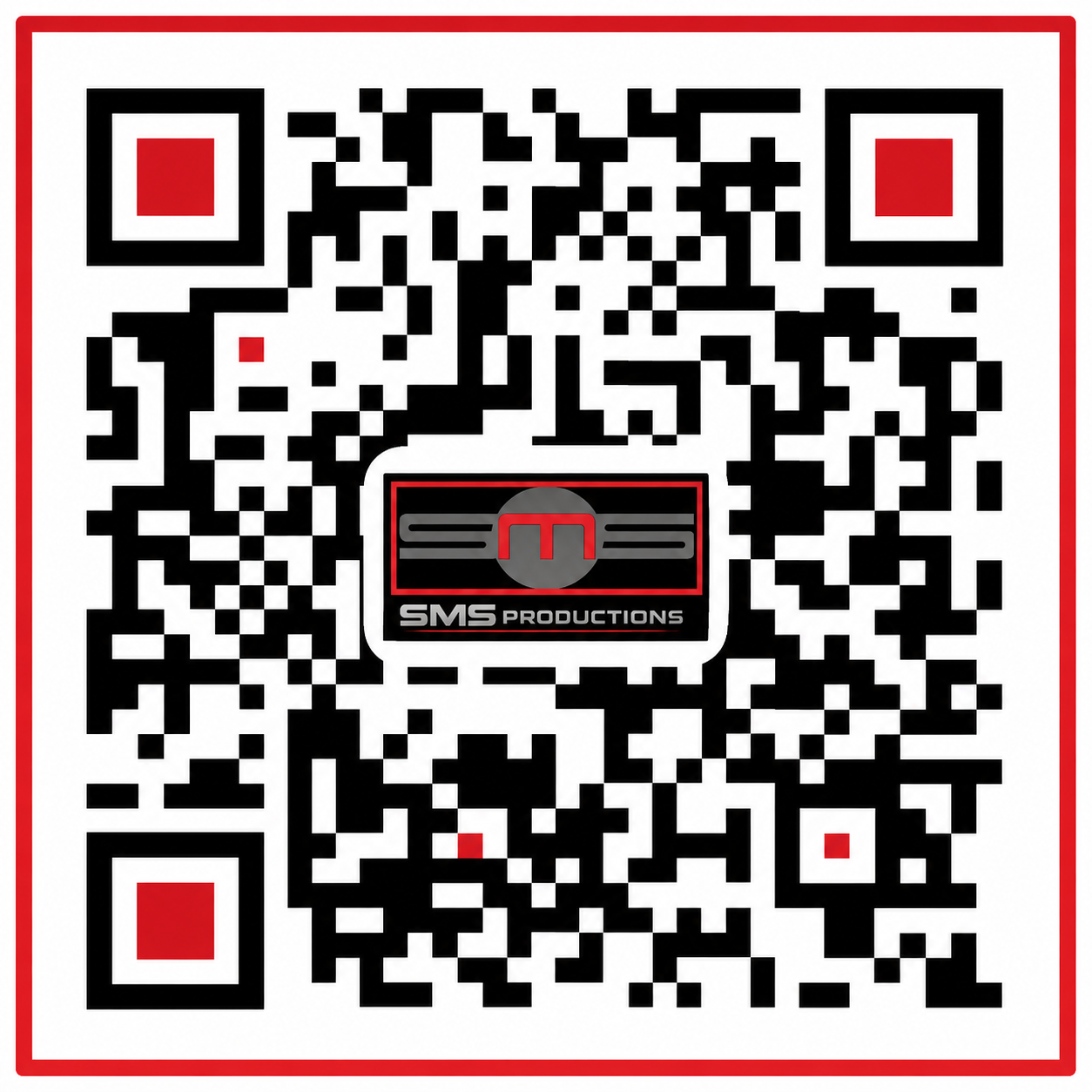 Designed QR code for SMS Productions, red frame with the logo at the centre